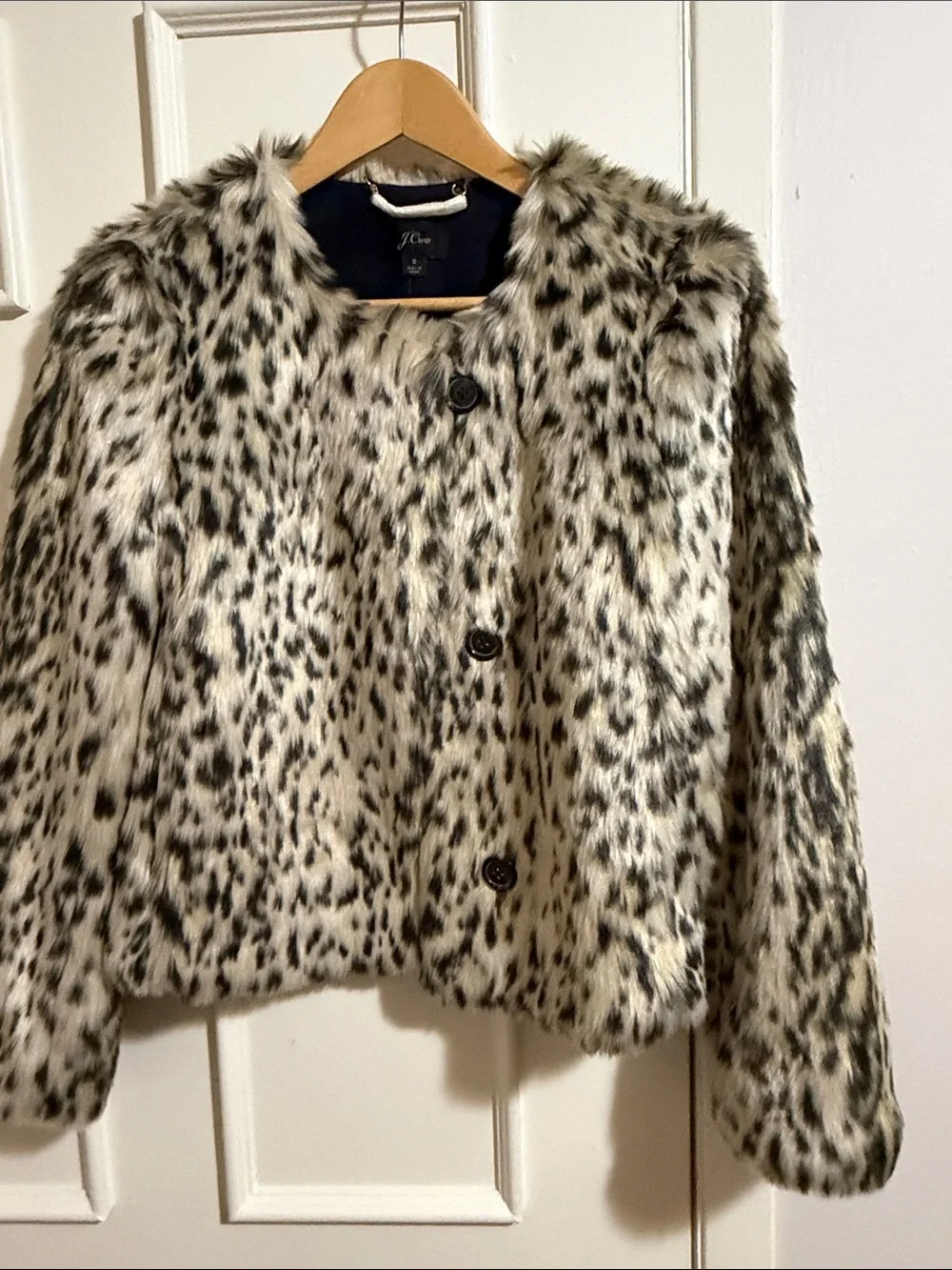 J. Crew Faux Fur Leopard-Print Cropped Jacket in Cream and Black